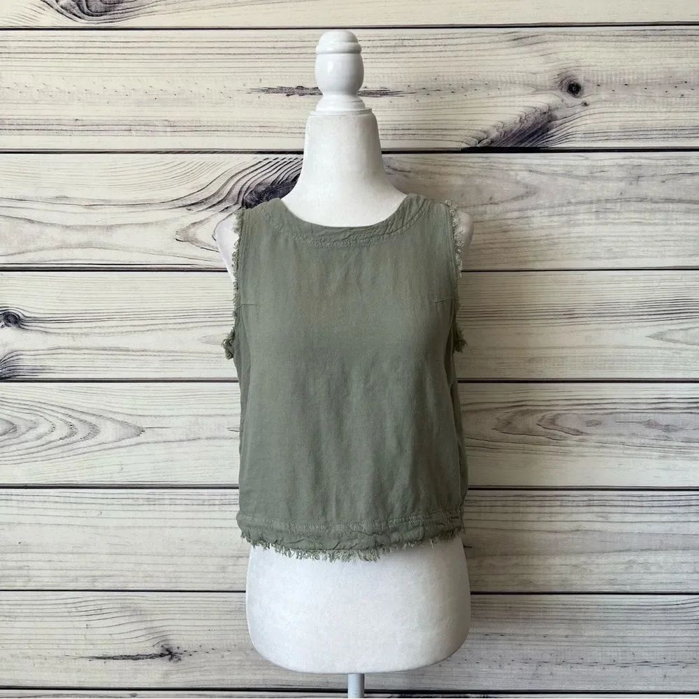 Thread & Supply Linen Sage Green Frayed Hem Button Crop Top